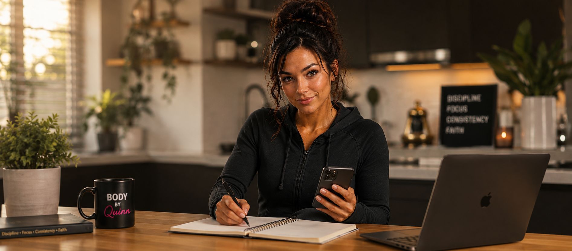 Photorealistic editorial lifestyle photo. A woman in her early-to-mid 30s, 
warm olive-brown skin, dark wavy brown hair in a loose bun, athletic build, 
warm approachable expression, same face as this reference woman [attach your 
hero image]. Sitting at a bright wooden desk or kitchen counter, phone in 
hand or writing in a notebook, as if responding to a customer message — 
approachable, "here to help" energy, soft genuine smile toward camera. 
Background softly blurred, warm home office or kitchen settin